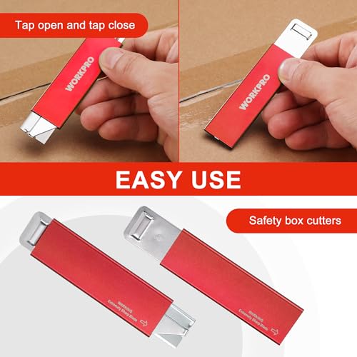 WORKPRO 12-Pack Box Cutter Retractable, Red - color: Red - 12-pack Extra Blades Included