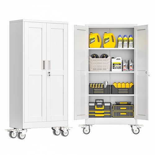 GAIOUS Metal Garage Storage Cabinet with Lock, 61” Tall Lockable File Cabinet with Wheels, Steel Tool Cabinet with 2 Door and 3 Adjustable Shelves, Rolling Cabinet for Home Office Garage Gym - White - color: White, size: 13.78"D x 27.56"W x 61.02"H