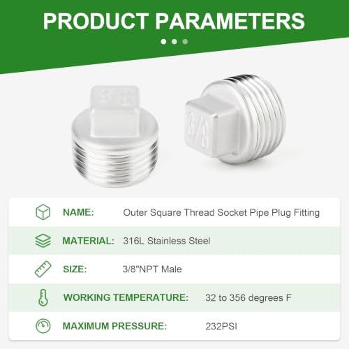 TAISHER 5Pcs 316 SS Cast Square Head 3/8"NPT Male Socket Pipe Plug - size: 3/8" MNPT(316 Plug)