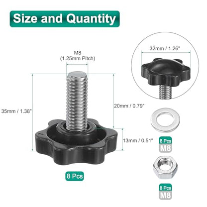 uxcell 8pcs Star Clamping Knobs with Nuts Washers, M8 x 20mm Metric 304 Stainless Steel Male Thread 32mm 6-Star Plastic Head, Threaded Stud Hand Knobs Handles Thumb Screws, Black - size: M8 x 20mm