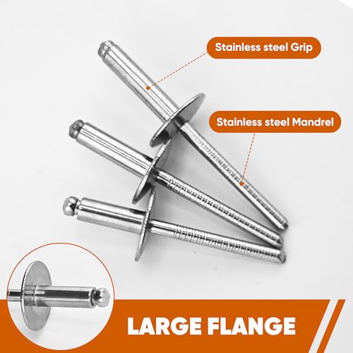 100pcs All Stainless Steel Large Flange Blind Rivets, 3/16 * 1/2" Open End Stainless Steel Pop Rivet, 4.8 * 12 - color: Stainless Steel, size: 3/16"*1/2"