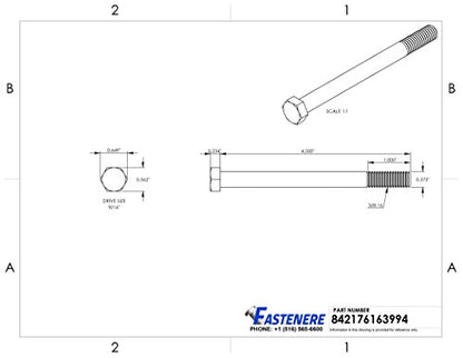 3/8-16 x 4-1/2" Hex Head Cap Screw Bolts, External Hex Drive, Stainless Steel 304, Partially Threaded, Stainless Steel, Quantity 5 By Fastenere - size: 3/8-16 x 4-1/2 Inch (5 Pack)