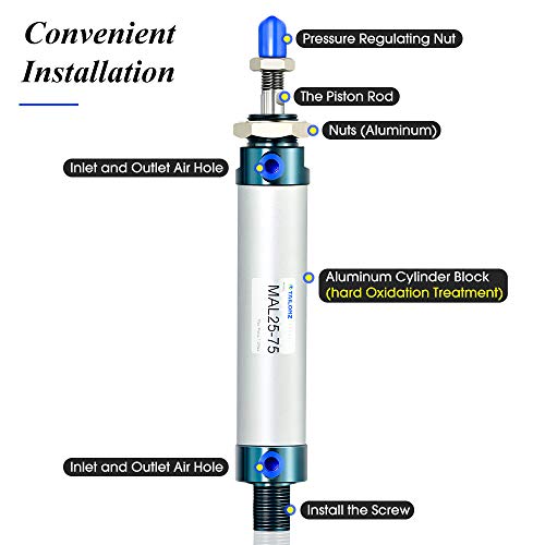 TAILONZ PNEUMATIC 25mm Bore 75mm Stroke Air Cylinder Double Action with Y Connector and 2Pcs 6mm Fitting MAL25x75 - size: 25mm Bore 75mm Stroke