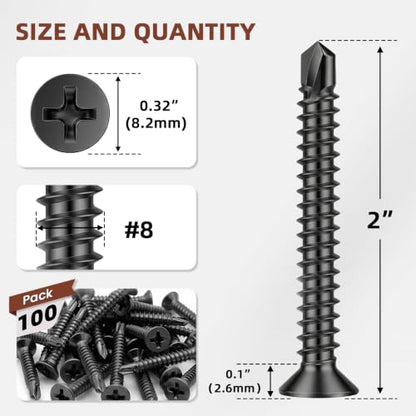 Mellewell #8 x 2 Black Flat Head Sheet Metal Screws, 100 PCS - color: Black, size: #8 x 2"