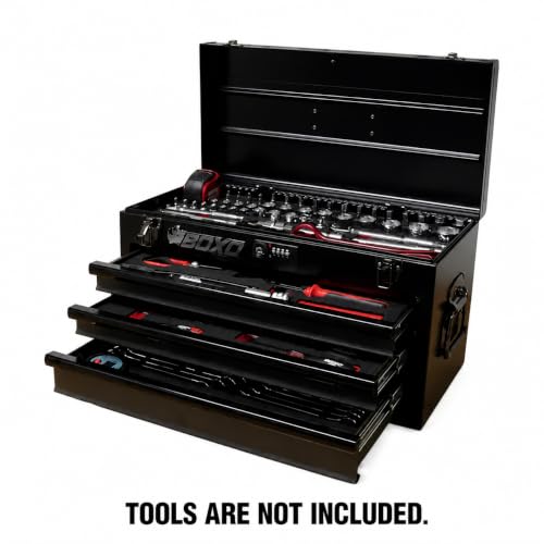 Boxo USA 3-Drawer Hand Carry Toolbox – Heavy Duty 20-Gauge Steel Portable Tool Box with Ball Bearing Drawers, Dual Key & Combination Lock, Powder-Coated Finish (Black) - color: Black