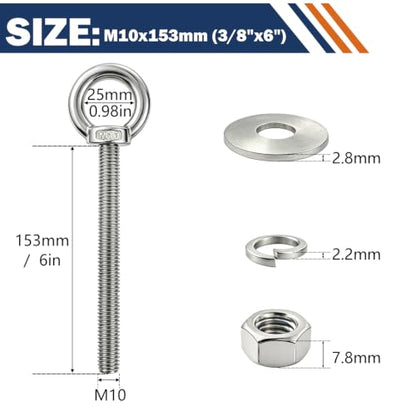 4 Pack M10 Stainless Steel Eye Bolts with Nuts, 3/8"x6" Long Lifting Ring Eye Bolt,Eye Bolts Heavy Duty for Hang Tie Down Outdoor (4, M10x153mm (3/8"x6")) - size: M10x153mm (3/8"x6")