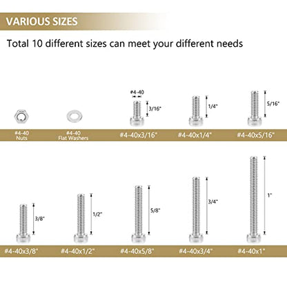 252 Pieces #4-40 x 3/16", 1/4", 5/16", 3/8", 1/2", 5/8", 3/4", 1", Hex Socket Head Cap Screws Nuts Washers Assortment Kit, 304 Stainless Steel, Fully Machine Thread - size: #4-40, style: Socket Head