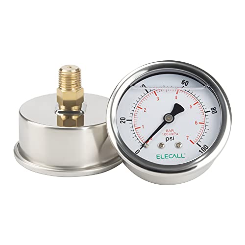 100psi Silicone Oil Filled Pressure Gauge for Water Oil Air Pressure Test in Pool Pump Sand Filter Air Compressor Water System, 2-1/2"Stainless Steel Case, Back Mount 1/4" NPT - size: 0-100 Psi, style: Back Mount