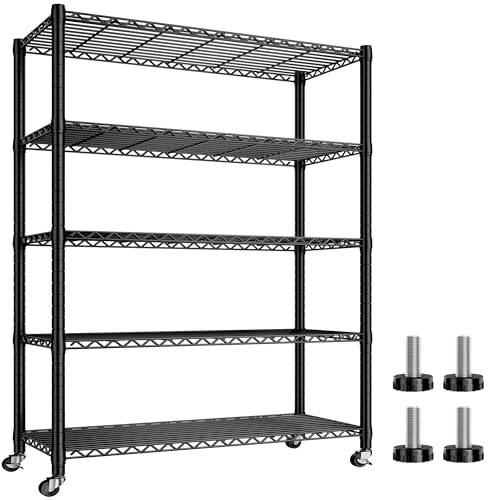 REIBII 5 Tier Storage Shelves with Wheels,1980LBS Metal Shelving for Garage - color: Black, size: 76"H x 36"W x 16"D 5 Tier