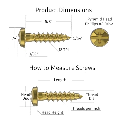 #6 x 5/8" Brass Pyramid Head Phillips Wood Screws - Pack of 25 - Self Tapping Screws for Wood - PH658-SB - color: Brass