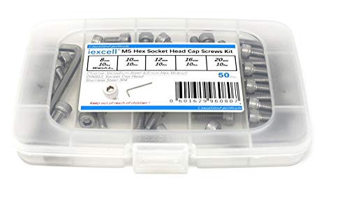 iexcell 50 Pcs M5 x 8/10/12/16/20mm Thread Pitch 0.8 mm Stainless Steel 304 Hex Socket Head Cap Screws Bolts Assortment Kit - size: M5 x 8/10/12/16/20mm
