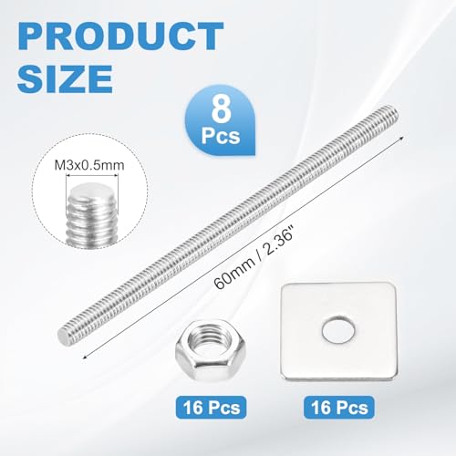 MECCANIXITY 8Set M3x60mm Fully Threaded Rod Threaded Rods Bar Studs - size: M3x60mm