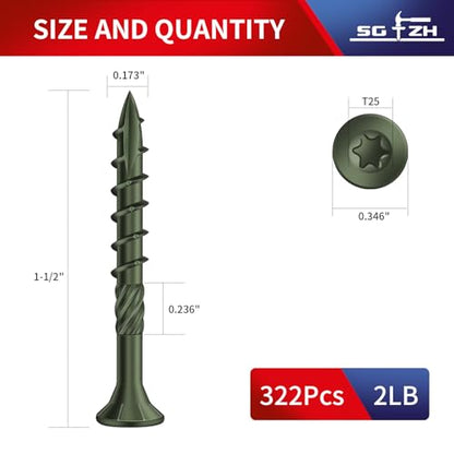 #8 x 1-1/2" Deck Screws (322Pcs) 2lb. Carbon Steel, Green, Flat Head, Rust Resistant epoxy Coated, with T25 Star Bit - color: Green, size: #8 x 1-1/2"