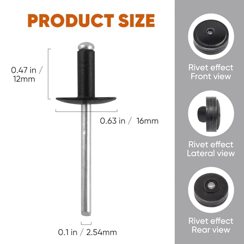 ALLCLEAN (110 pcs) 3/16 * 1/2" Large Flange Open End Black Aluminum Blind Rivets,4.8 * 12 Pop Blind Rivet - color: Black, size: 3/16"*1/2"