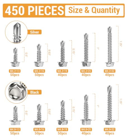 Stainless Steel Wood & Sheet Metal Screw Assortment Self-Tapping Screws (450PCS HEX) - size: 450PCS HEX