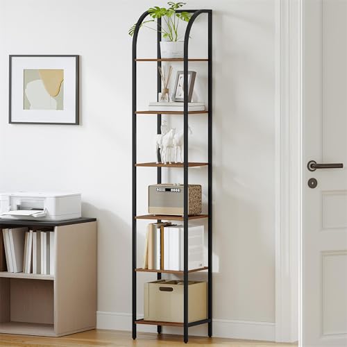 Hzuaneri Bookshelf Narrow Bookcase, Tall Storage Rack with Steel Frame - color: Rustic Brown, size: 11.8 × 13.2 × 71.9 inch