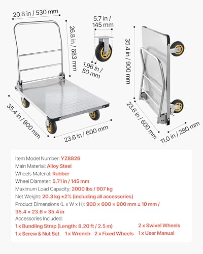 VEVOR Heavy Duty Platform Truck, 2000 LBS Steel Large Flatbed Cart with 360° Swivel Wheels & Brakes, Foldable Platform Hand Push Truck Dolly for Easy Storag/Groceries/Garage/Warehouse (36" X 24") - size: 35.4 x 23.6 x 35.4 in /900 x 600 x 900 mm
