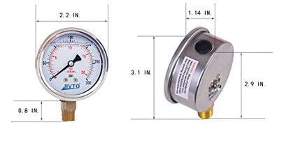 Pressure Gauge,Glycerin Liquid Filled,2" Dual Scale Dia,0-300 psi/bar/kpa,1/4" NPT Brass Connection,Lower Mount, Stainless Steel Case,for Air Compressor,Pump,Tube,Valve,Gas Air Water Oil Test - size: 0-300 psi