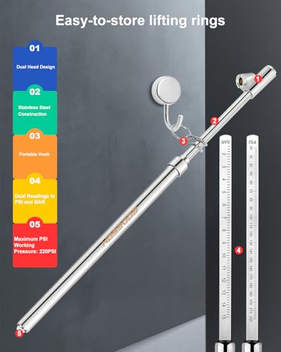GODESON 13.5" Dual Head Tire Pressure Gauge, 20-220PSI/2-15Bar High Accuracy Semi trcuk tire Gauge, Heavy Duty Pencil Pressure Gauges Checker for RV & Truck, Stainless Steel Solid Body, Portable - size: 1 Pack (20-220PSI)