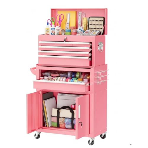 Bonusall Rolling Tool Chest with Wheels, 8 Drawer Metal Tool Cart with Portable Tool Box and Work Bench, Assembled Tool Chest with Drawer and Hooks for Garage, Workshop, Warehouse - Pink - color: Pink