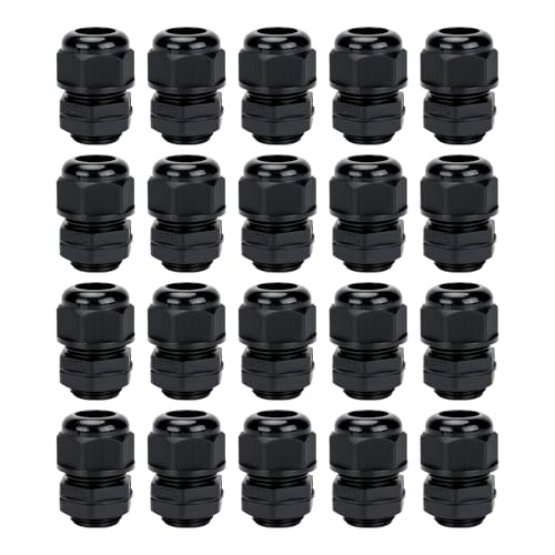 Cable Glands 20 pcs NPT3/4'' Cable Gland Waterproof joints, Adjustable Black Waterproof Cable Connectors Plastic 4 cable glands and Gaskets in PP Box