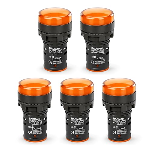 BAOMAIN 22mm LED Industrial Indicator Light,220V AC Pilot Signal Lamp for Industrial Machinery Control Circuits,7/8" Panel Mount, Screw Terminal,Yellow,5-Pack - color: Yellow