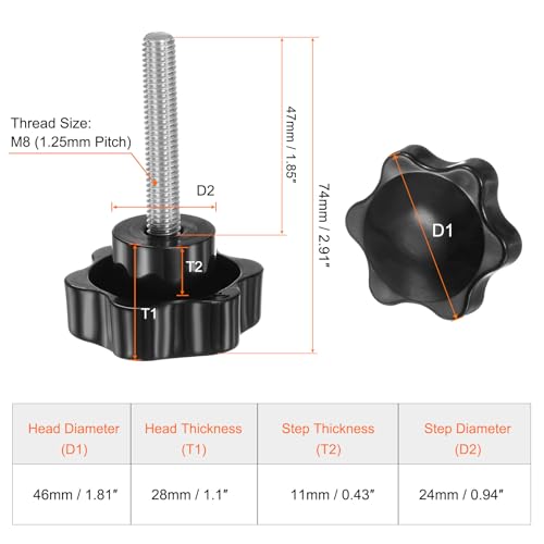 HARFINGTON 2pcs Star Knobs M8 x 47mm 304 Stainless Steel Threaded Stud 46mm Plastic 6-Star Head Hand Tightening Thumb Screw Clamping Jig Knob Handle, Black - size: M8 x 47mm x 46mm