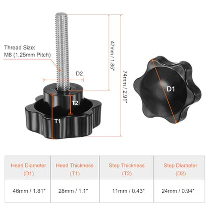 HARFINGTON 2pcs Star Knobs M8 x 47mm 304 Stainless Steel Threaded Stud 46mm Plastic 6-Star Head Hand Tightening Thumb Screw Clamping Jig Knob Handle, Black - size: M8 x 47mm x 46mm