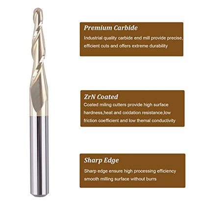 SpeTool Tapered Ball Nose End Mill 1/4" Shank with 1/16" Cutting Radius for 3D Carving Engraving Router Bit, ZrN Coated - size: Dia.=1/8