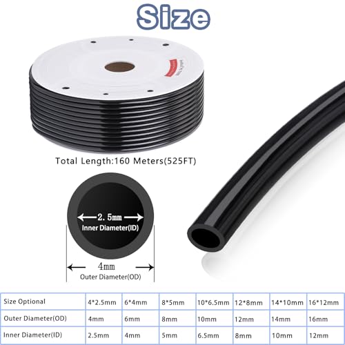 VerRich Pneumatic Tubing Pipe PU Hose Black 4mmOD x 2.5mmID 525FT 160M - color: Black, size: OD4mm*ID2.5mm 525 FT(160 Meters)