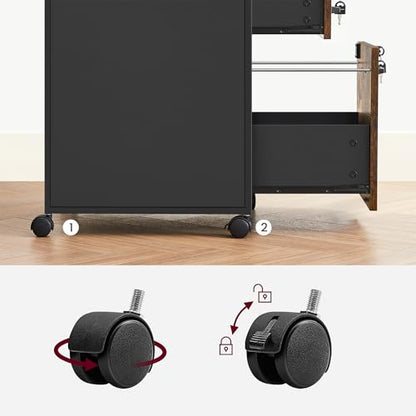 VASAGLE 2 Drawer File Cabinet with Lock, Rolling Printer Stand - color: Rustic Brown + Ink Black, size: with Lock and Fences