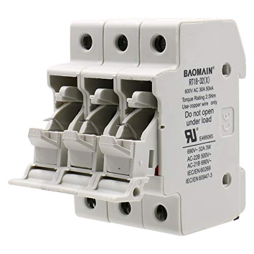 BAOMAIN 3P 600V 30A DIN Rail Fuse Holder for 10x38mm Fuses,UL White