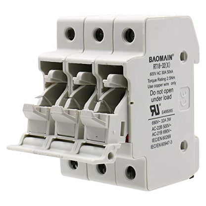 BAOMAIN 3P 600V 30A DIN Rail Fuse Holder for 10x38mm Fuses,UL White