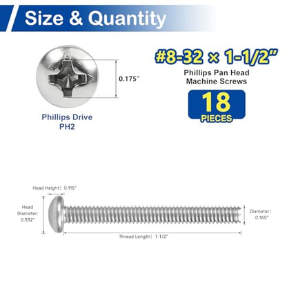 18 Sets #8-32 x 1-1/2" Pan Head Machine Screws Nuts Washers Assortment Kit - size: #8-32 x 1-1/2"