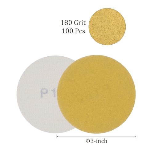 100pcs No Hole Sanding Discs- [ 3 Inch 180 Grit ] Round Hook and Loop Grip Sanding Pads Sheet Sandpaper for Automotive Woodworking Metal Polishing Use| Gold, Aluminum Oxide - size: 180 grit