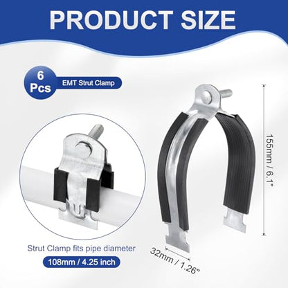 HARFINGTON 6pcs Rubber Cushion Strut Clamp 4-1/4" Universal Carbon Steel Strut Clamps with Bolt and Nut for Copper PEX Pipes CVPC Tubing, Silver Black - size: 4-1/4"