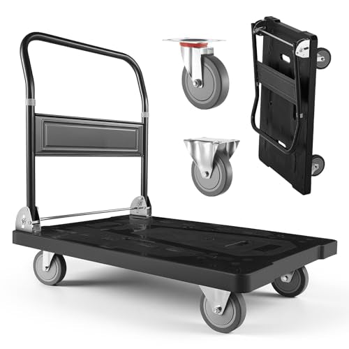 VEVOR Platform Truck Push Cart Dolly, 1000LBS Heavy Duty Folding Platform Truck with 360° Swivel Wheels, Flat Bed Cart with Space Saving Push Handle for Garage/Basement/Office/Warehouse - size: 35.2 x 23.4 x 33.5 in/ 895 x 595 x 850 mm