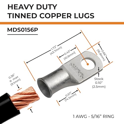 SELTERM 10pcs 1 AWG-5/16" Stud Marine Grade Tinned Copper Wire Battery Lugs - color: Tinned Copper Lugs, size: 1 Awg - 5/16" (M8) Ring