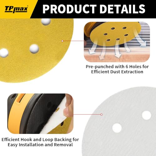 100PCS 6 Inch 60 Grit 150mm 6 Hole Sanding Discs Sandpaper - Premium Gold Round Hook and Loop for Random Orbital Sander - Ideal for Wood, Metal, Automotive - style: 60 Grit - 100 Pack