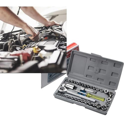 40-Piece 3/8-Inch Ratchet Socket Wrench Set with Storage Case, Includes 1/4-Inch & 3/8-Inch Drive SAE and Metric Sockets, Spinner Handle and Extension Bar for Auto Repair and Home Maintenance