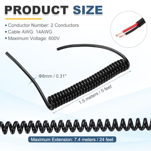 MECCANIXITY 5ft 14AWG Retractable Coiled Coil Cord 300V 105℃ 2 Conductor - size: 5ft x 14AWG, 2 Conductor