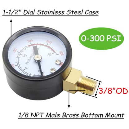 Uenede 0-300PSI Pressure Gauge 1/8" NPT Brass Bottom Mount with Bushing - size: 300PSI(1/8"NPT)