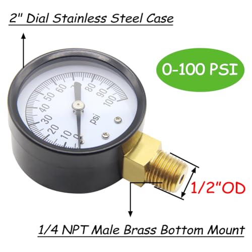 Uenede 0-100PSI Pressure Gauge 1/4" NPT Brass Bottom Mount with Bushing - size: 100PSI(1/4"NPT)