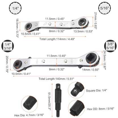 HARFINGTON 4pcs HVAC Service Wrench Set 1/4" 5/16" 3/16" 3/8" 25° 16-Teeth Air Conditioner Valve Reversible Ratchet Wrench with Hexagon Bit Adapter for Refrigeration Equipment Repair, Silver - color: Silver