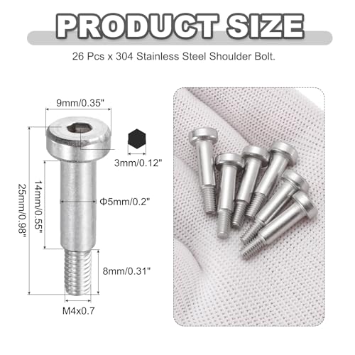 MECCANIXITY 26 Pcs 304 Stainless Steel Shoulder Bolt 5mm Shoulder Dia 14mm Shoulder Length M4x0.7 Thread Hex Socket Shoulder Bolts for Hydraulic Injection Molding Machinery Industries - size: 5mm x 14mm