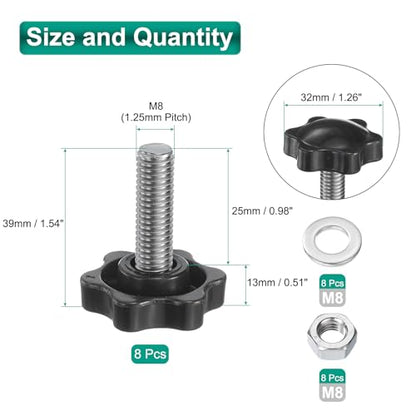 uxcell 8pcs Star Clamping Knobs with Nuts Washers, M8 x 25mm Metric 304 Stainless Steel Male Thread 32mm 6-Star Plastic Head, Threaded Stud Hand Knobs Handles Thumb Screws, Black - size: M8 x 25mm