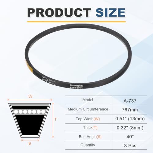uxcell 3Pcs A737 Rubber V-Belt, 737mm Li x 13mm W x 8mm T, Classic Wrapped - size: A737
