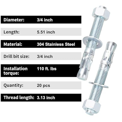 3/4" x 5-1/2" Concrete Anchor Bolts, 20PCS Zinc-Plated Carbon Steel Wedge Anchor