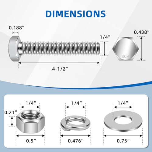 Mellewell 1/4-20 x 4-1/2" Hex Head Bolts with Hex Nuts and Thick Flat & Lock Washers, Fully Threaded, Stainless Steel 18-8, Plain Finish, 8 Sets - color: Silver, size: 1/4-20 x 4-1/2"