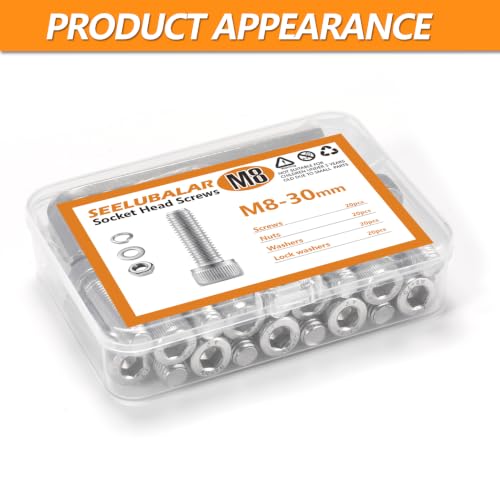 20 Sets Metric M8 Hex Socket Head Cap Screws Bolts Kit, M8-30mm Screw - size: M8 - 30mm